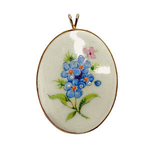 Vintage Porcelain Necklace Pendant with Blue Flowers